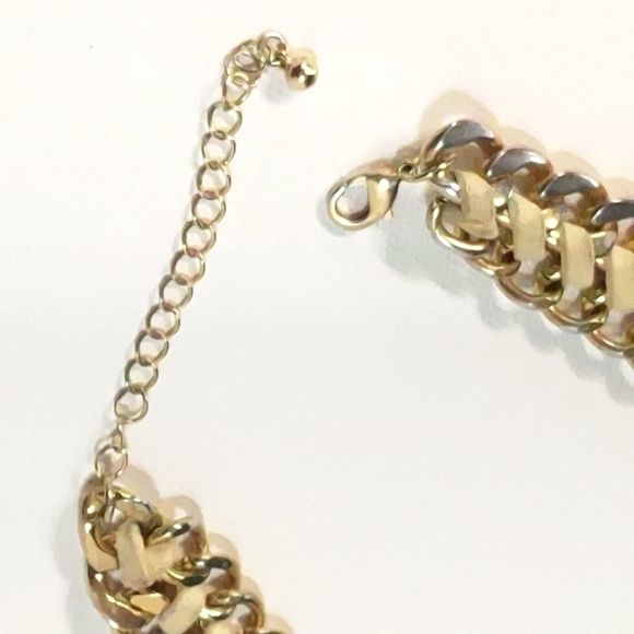 Gold Tone Chain Leather Crystal Rhinestone Chunky Necklace - Picture 7 of 9